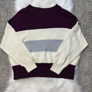 Lucky Brand Womens Sweater sz XXL Purple Beige Striped Tight Knit Crew Neck